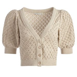 Alice + Olivia Romi Embellished Puff Sleeve Cardigan in Sand